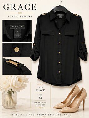 Grace Black Satin Button Down Top Size M NWT Classic Collared Blouse